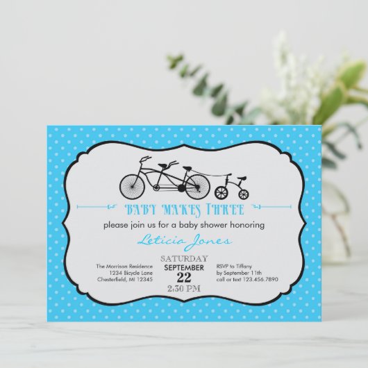 Tandem Bicycle Boy Baby shower Uitnodiging (Staand voorkant)