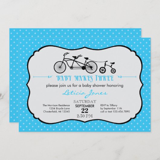 Tandem Bicycle Boy Baby shower Uitnodiging (Voorkant / Achterkant)