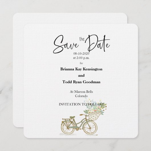 Tandem Bicycle Casual Square Save the Date Card Kaart (Voorkant / Achterkant)