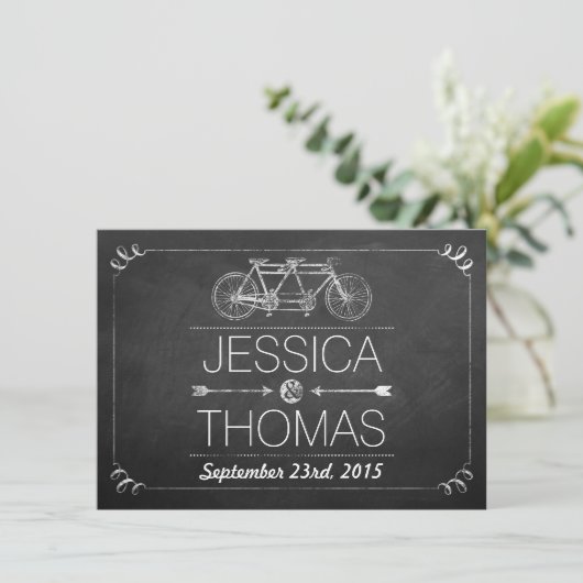 Tandem Bicycle Chalkboard Typography Wedding Informatiekaartje (Staand voorkant)