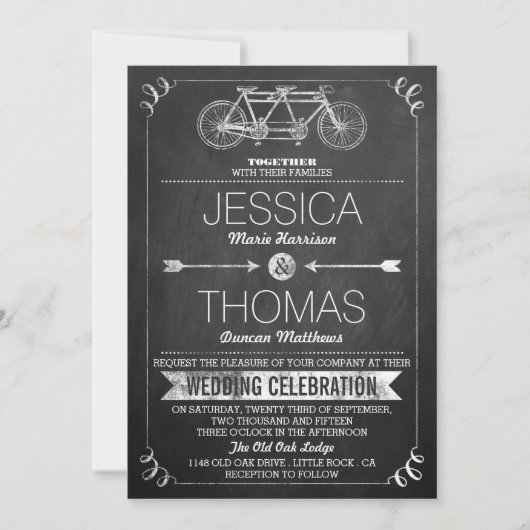 Tandem Bicycle Chalkboard Typography Wedding Kaart (Voorkant)