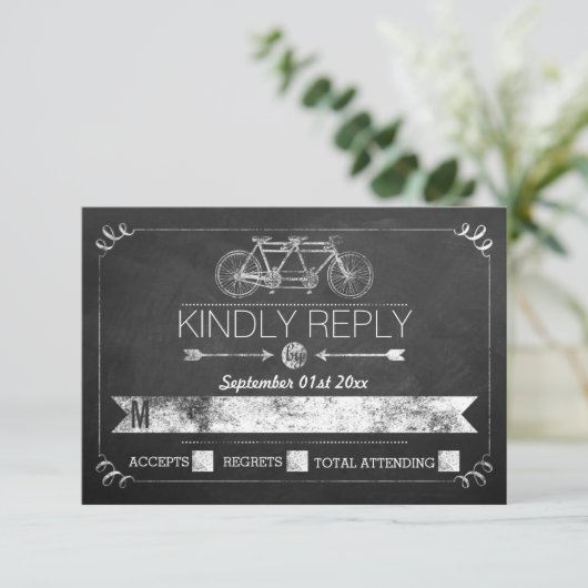 Tandem Bicycle Chalkboard Typography Wedding RSVP (Staand voorkant)