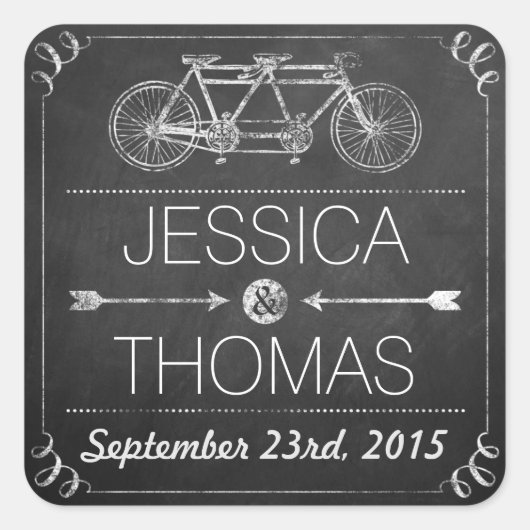 Tandem Bicycle Chalkboard Typography Wedding Vierkante Sticker (Voorkant)