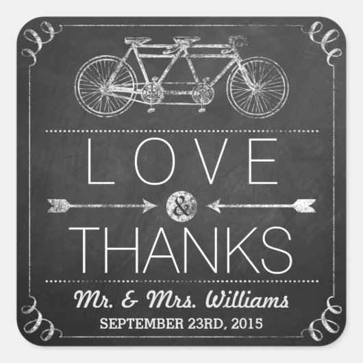 Tandem Bicycle Chalkboard Typography Wedding Vierkante Sticker (Voorkant)