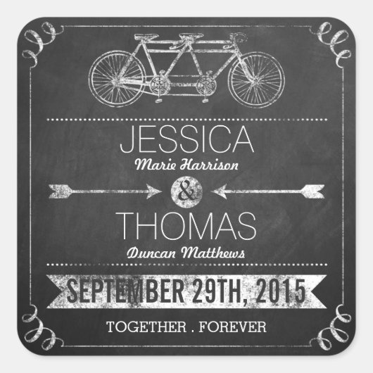 Tandem Bicycle Chalkboard Typography Wedding Vierkante Sticker (Voorkant)
