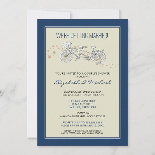 Tandem Bicycle Couple's Bridal Shower Invitation Kaart (Voorkant)