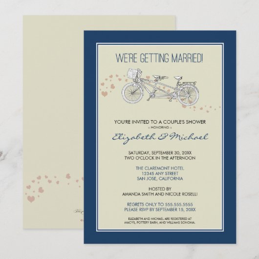 Tandem Bicycle Couple's Bridal Shower Invitation Kaart (Voorkant / Achterkant)