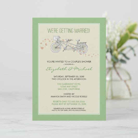 Tandem Bicycle Couple's Bridal Shower Invitation Kaart (Staand voorkant)