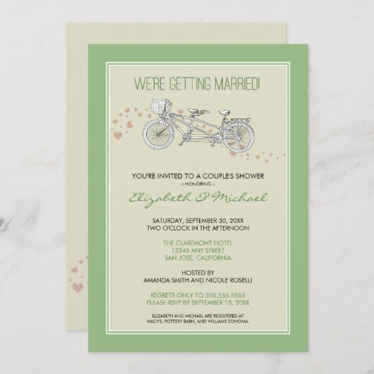 Tandem Bicycle Couple's Bridal Shower Invitation Kaart (Voorkant / Achterkant)