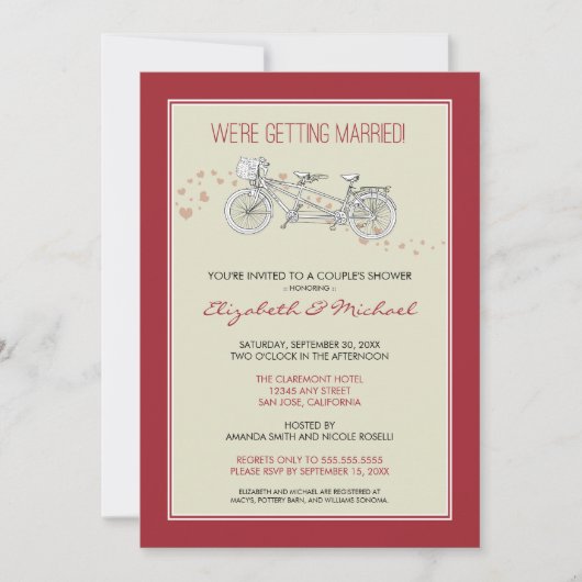 Tandem Bicycle Couple's Bridal Shower Invitation Kaart (Voorkant)