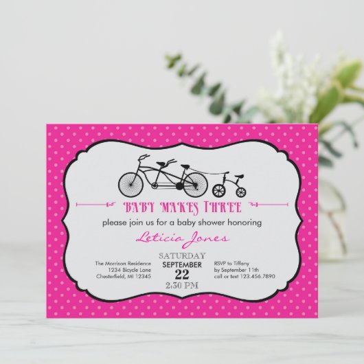 Tandem Bicycle Girl Baby shower Invitation Kaart (Staand voorkant)
