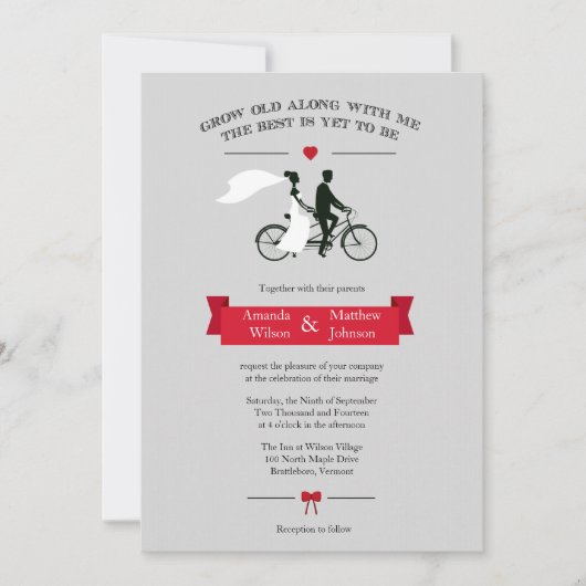 Tandem Bicycle Gray en Red Wedding Invitations Kaart (Voorkant)