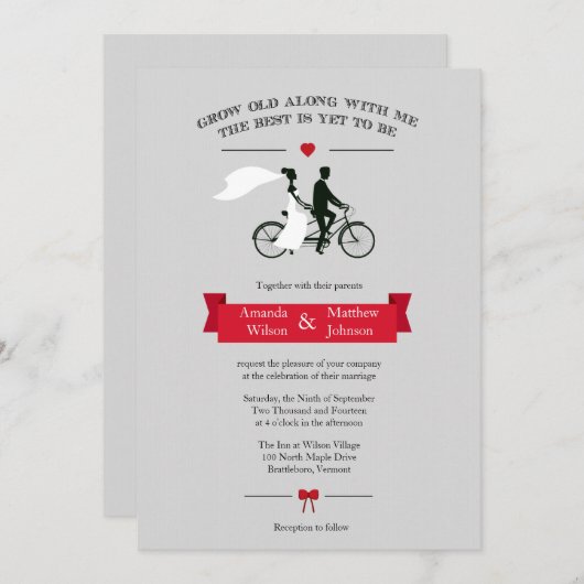 Tandem Bicycle Gray en Red Wedding Invitations Kaart (Voorkant / Achterkant)
