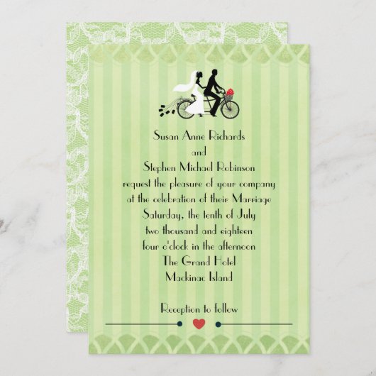 Tandem Bicycle Green Stripe en Lace Kaart (Voorkant / Achterkant)