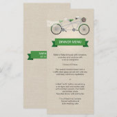 Tandem Bicycle Green Wedding Menu Faux Linen (Voorkant / Achterkant)