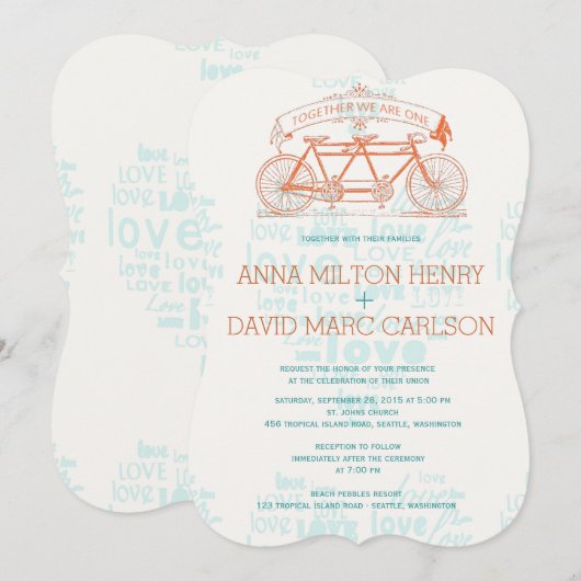  Tandem Bicycle Hearts Typography Wedding Kaart (Voorkant / Achterkant)