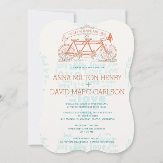  Tandem Bicycle Hearts Typography Wedding Kaart (Voorkant)