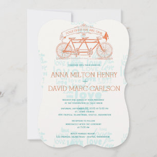 Tandem Bicycle Hearts Typography Wedding Kaart