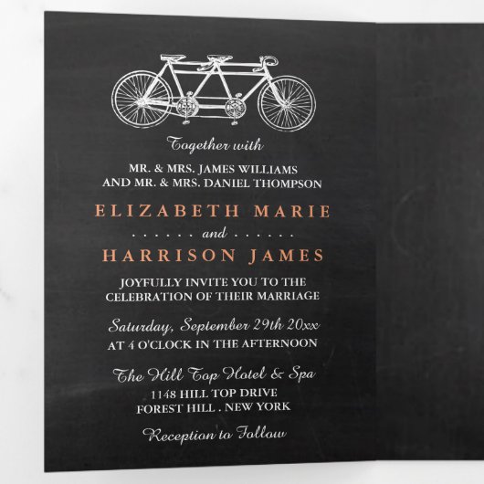 Tandem Bicycle on Chalkboard Wedding Suite Drieluik Uitnodiging (Binnenzijde eerst)