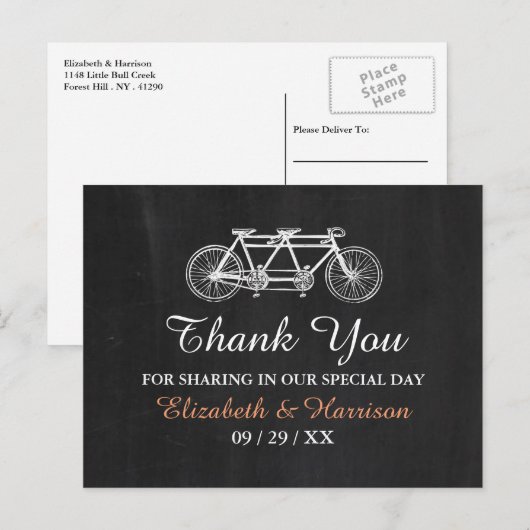 Tandem Bicycle op Chalkboard Weddenschap Dank je Briefkaart (Voorkant / Achterkant)
