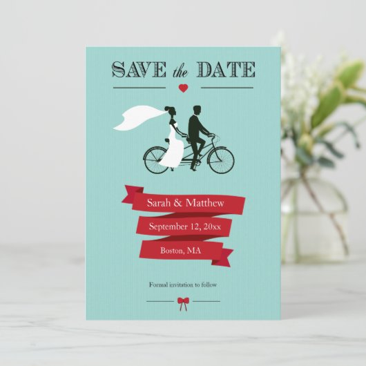 Tandem Bicycle Save the Date Cards (Staand voorkant)