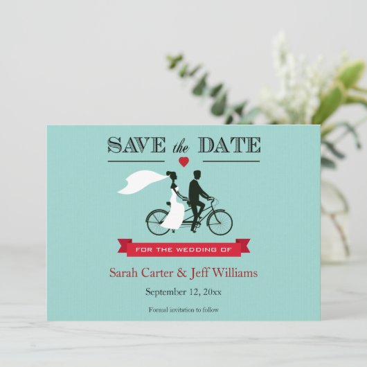Tandem Bicycle Save the Date Cards (Staand voorkant)