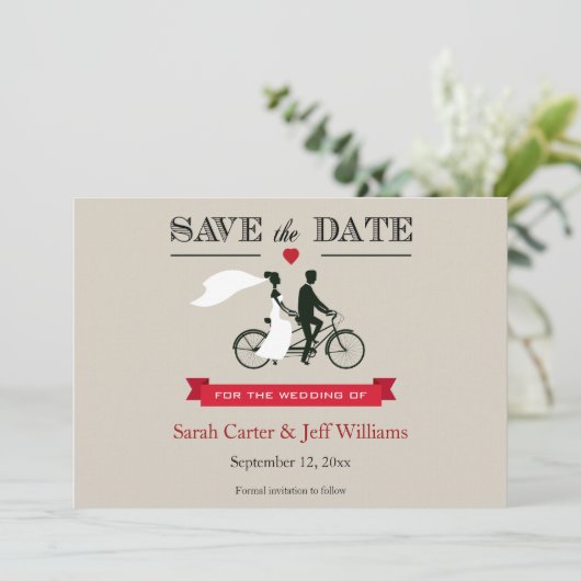 Tandem Bicycle Save the Date Cards (Staand voorkant)