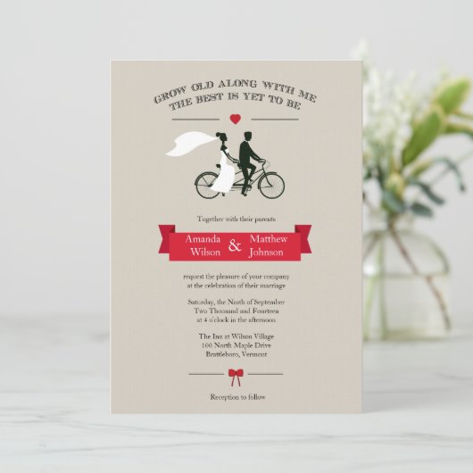 Tandem Bicycle Vintage Wedding Invitting Kaart (Staand voorkant)