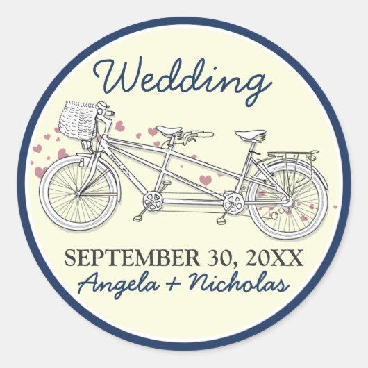 Tandem Bicycle Wedding Invitation Seal (marine) Ronde Sticker (Voorkant)