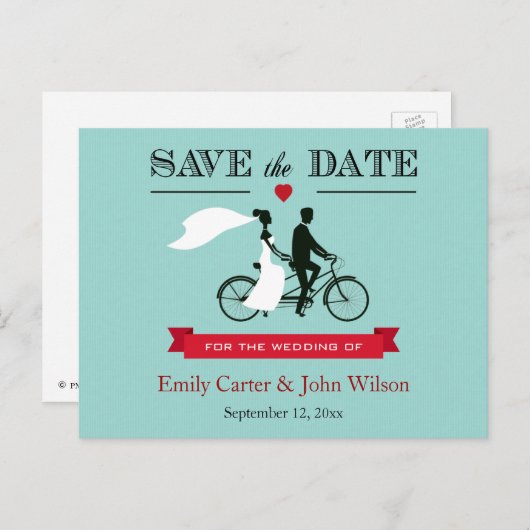Tandem Bicycle Wedding Save the Date Briefkaart (Voorkant / Achterkant)