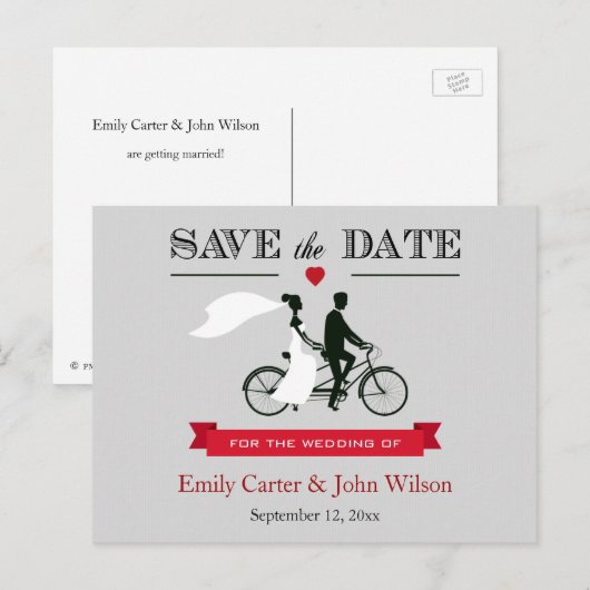 Tandem Bicycle Wedding Save the Date Briefkaart (Voorkant / Achterkant)