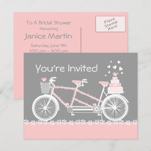 Tandem Bicycle Wedding Shower Invitation Briefkaar Uitnodiging Briefkaart (Voorkant / Achterkant)