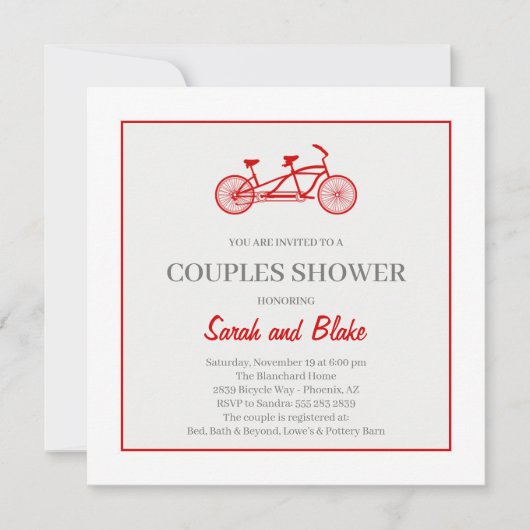 Tandem Bike Couples Bruiloft Douche Uitnodiging (Voorkant)