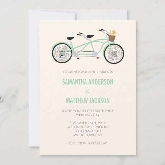 Tandem Bike Wedding Invitation - Mint Green Kaart (Voorkant)