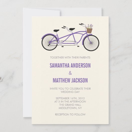 Tandem Bike Wedding Invitation - Paars Kaart (Voorkant)