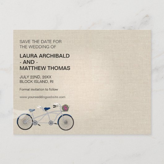 Tandem Donkerblauw Fiets Bruiloft Save the Date Aankondigingskaart (Achterkant)