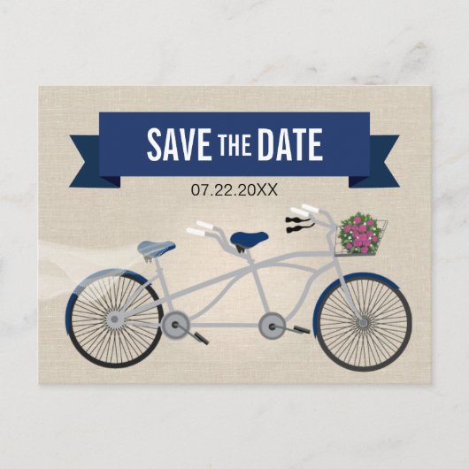 Tandem Donkerblauw Fiets Bruiloft Save the Date Aankondigingskaart (Voorkant)