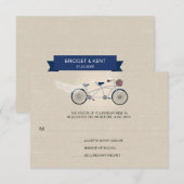 Tandem Donkerblauwe Fiets Bruiloft Faux Linnen RSV RSVP Kaartje (Voorkant / Achterkant)