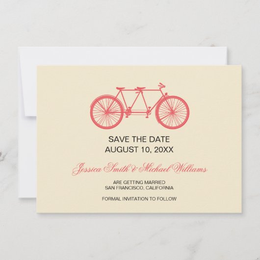 Tandem Fiets Bruiloft Save The Date Roze Ecru (Voorkant)