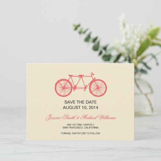 Tandem Fiets Bruiloft Save The Date Roze Ecru (Staand voorkant)