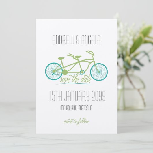 Tandem Fiets / Fiets Moderne bruiloft Bewaar de da Save The Date (Staand voorkant)