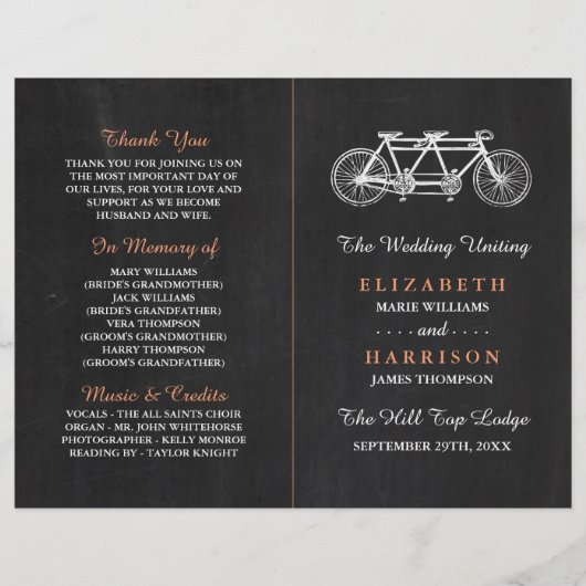Tandem-fiets op Chalkboard Wedding Program (Voorkant)