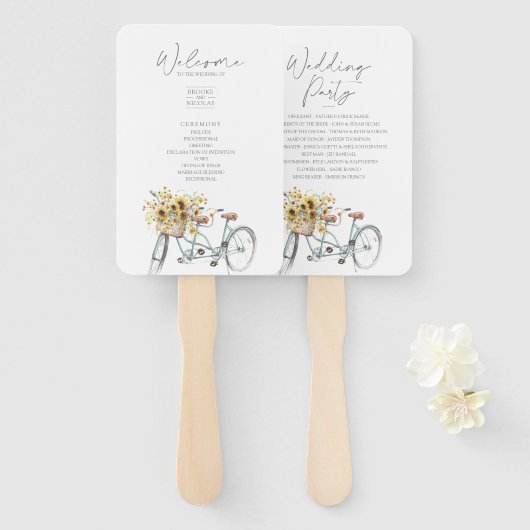 Tandem Fiets Rustieke Zonnebloem Waterverf Bruilof Handwaaier (Voorkant en achterkant)