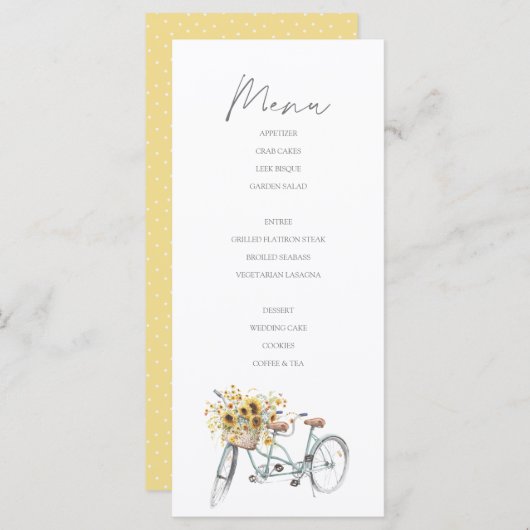 Tandem Fiets Rustieke Zonnebloem Waterverf Bruilof Menu (Voorkant / Achterkant)