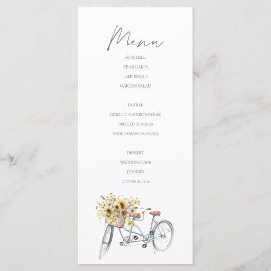 Tandem Fiets Rustieke Zonnebloem Waterverf Bruilof Menu (Voorkant)