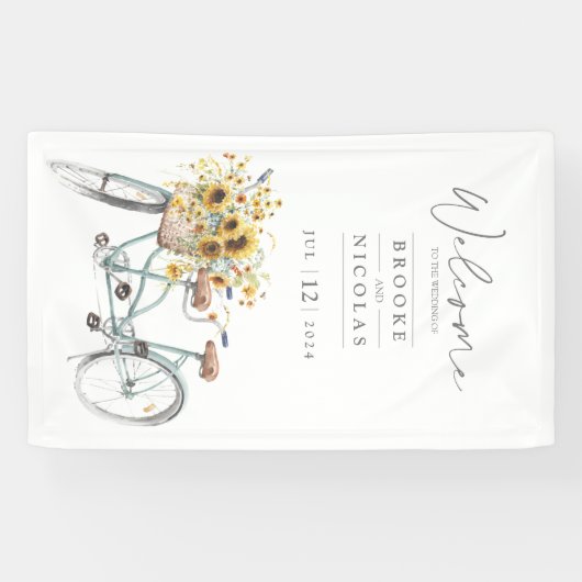 Tandem Fiets Rustieke Zonnebloem Waterverf Bruilof Spandoek (Horizontaal)