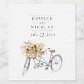 Tandem Fiets Rustieke Zonnebloem Waterverf Bruilof Wijn Etiket (Enkel label)