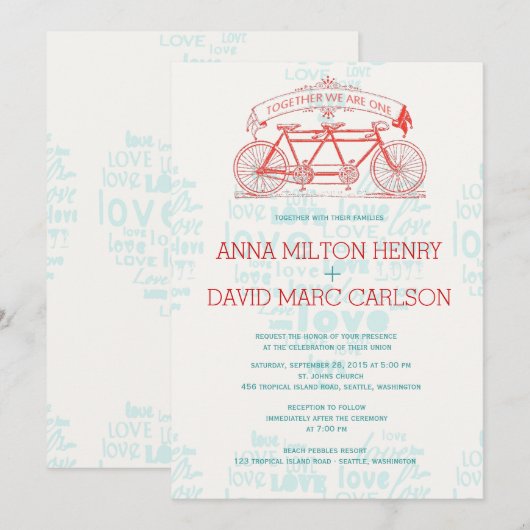 Tandem Fiets / Samen zijn we ÉÉN bruiloft Kaart (Voorkant / Achterkant)