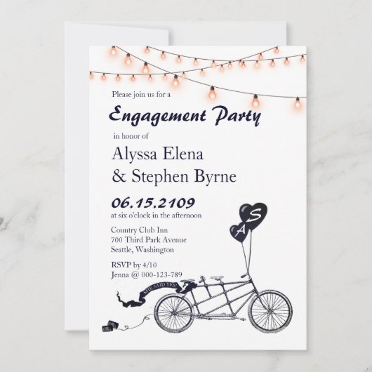 Tandem Fiets String Lights Verlovingsfeest Kaart (Voorkant)