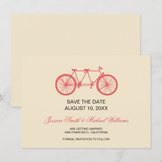 Tandem Fiets Trouw Save The Date Roze Ecru (Voorkant / Achterkant)